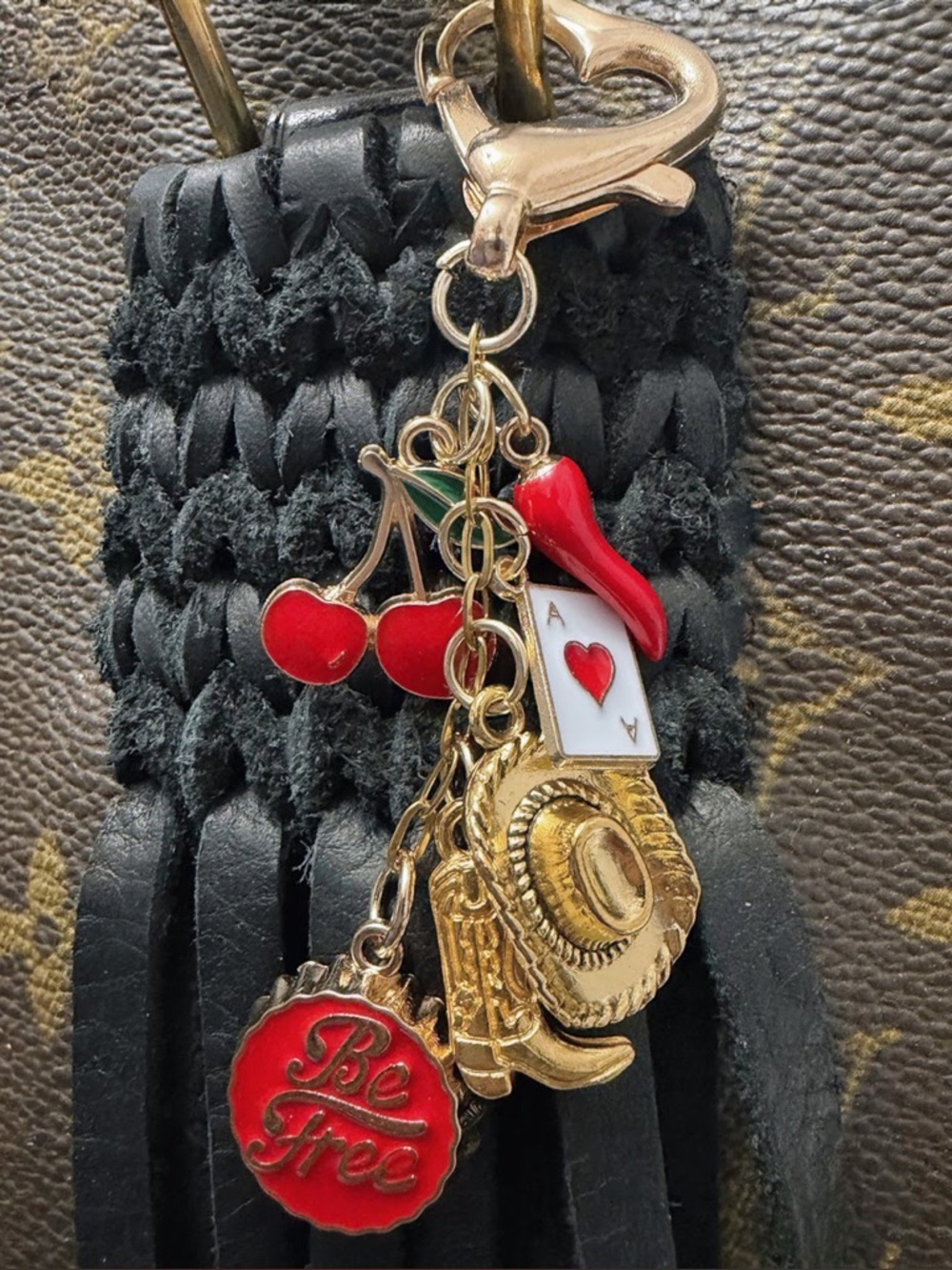 Western Bag Charm Red Cherry & Heart Charm with Gold Cowboy Hat Cowgirl Style